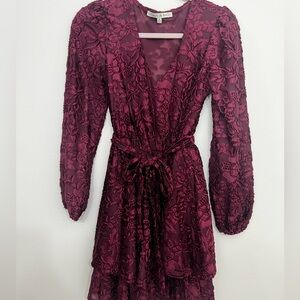 Maroon Floral Velvet and Mesh Dress